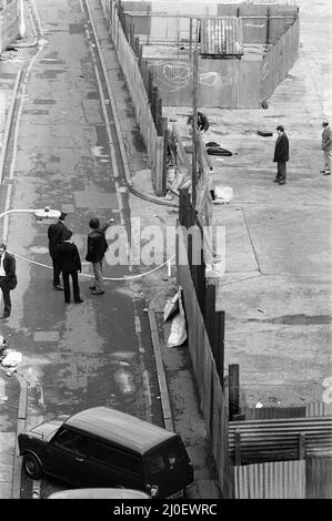 24-year-old Sally Shepherd, a restaurant manageress, was brutally murdered in Peckham yesterday. Police found her body on a blood stained yard in Staffordshire Street, Peckham. The girls body is removed from the site, which was recently vacated by gypsies. 1st December 1979. Stock Photo