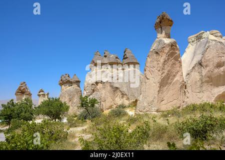Typical rock formations in the Cappadocia region, Turkey Stock Photo