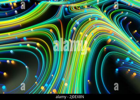 Neon glowing twisted cosmic lines on the glossy surface. Turbulence curls flow colorful motion. Fluid and smooth astronomy vorte Stock Photo