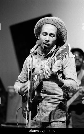 Jamaican singer Bob Marley seen here performing in London. Marley is a quiet and pleasant person, who is devoted to World Peace. The son of a British Army officer who was stationed in Jamaica   June 1978 Stock Photo