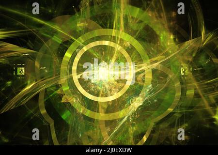 Neon glowing lines and shapes flying in the space. Geometric sci-fi structure. Abstract creative modern background Stock Photo