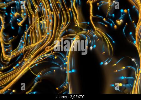 Neon glowing twisted cosmic lines on the glossy surface. Turbulence curls flow colorful motion. Fluid and smooth astronomy vorte Stock Photo