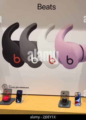 Paris, France - Mar 18, 2022: Presentation of new Beats Fit Pro - Noise Cancelling Wireless Earbuds during the sales launch at the Apple Inc. flagship store Stock Photo