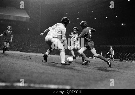 The 1978 Football League Cup Final was the eighteenth League Cup final, and was contested between Liverpool and Nottingham Forest. The initial match resulted in a 0?0 draw at Wembley Stadium on 18 March 1978. The replay was four days later at Old Trafford, and saw John Robertson score from the penalty spot after a foul by Phil Thompson on John O'Hare, which TV replays confirmed was actually outside the penalty area.(Picture) Steve Heighway (right) tries to dribble past Nottingham Forest's Larry Lloyd. 22nd March 1978 Stock Photo