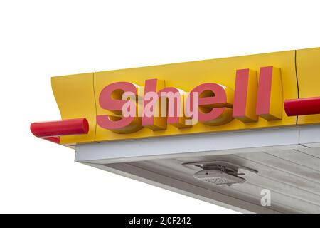 Calgary, Alberta. Canada Jan 4 2020. A Sing of a Royal Dutch ShellOil industry company Pump Gas station. Royal Dutch Shell may f Stock Photo