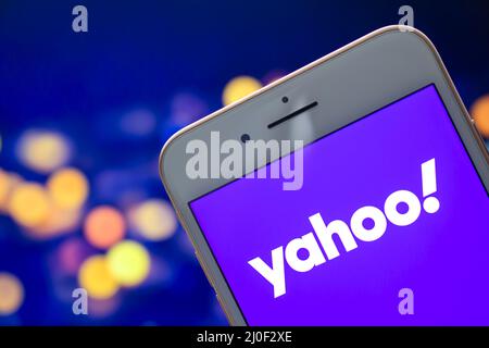 Calgary, Alberta. Canada May 22, 2020. An iPhone Plus with a Yahoo logo on the screen. Stock Photo