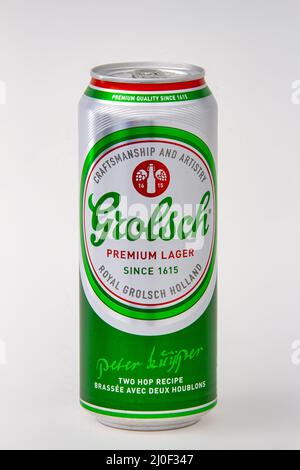 Calgary, Alberta, Canada. June 08, 2020. An isolated Grolsch Tallboy Beer Can on a white background. Stock Photo