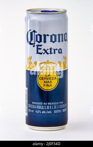 Calgary, Alberta, Canada. June 08, 2020. An isolated Corona Extra beer can on a white background Stock Photo