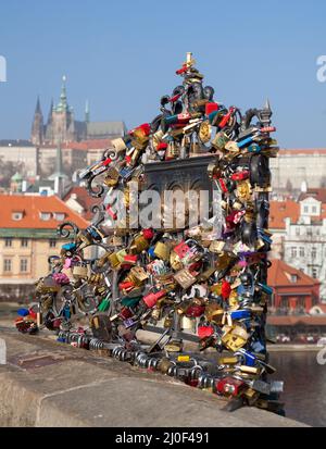 PRAGUE, CZECH REPUBLIC - FEBRUARY 19, 2015 - Love locks on the Charles Bridge Stock Photo