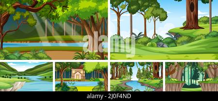 Nature scene with many trees and river illustration Stock Vector Image ...