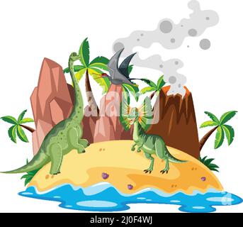 Scene with dinosaurs on island illustration Stock Vector