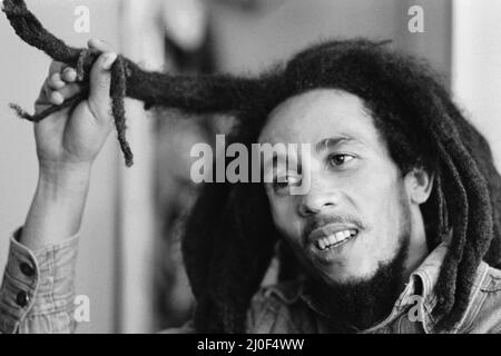 Jamaican singer Bob Marley seen here in interview with the Daily Mirror following the ban on his performing in London due to the amount of muggings and pickpocketings that occurred at his last concert. Marley who is a quiet and pleasant person devoted to World Peace is annoyed that he ban from London due to a few violent and irresponsible people. 22. June 1978 Stock Photo