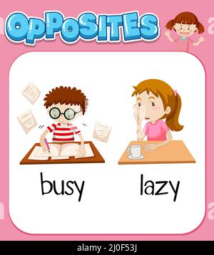 Opposite words for busy and lazy illustration Stock Vector