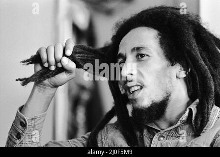 Jamaican singer Bob Marley seen here in interview with the Daily Mirror following the ban on his performing in London due to the amount of muggings and pickpocketings that occurred at his last concert. Marley who is a quiet and pleasant person devoted to World Peace is annoyed that he ban from London due to a few violent and irresponsible people. 22. June 1978 Stock Photo