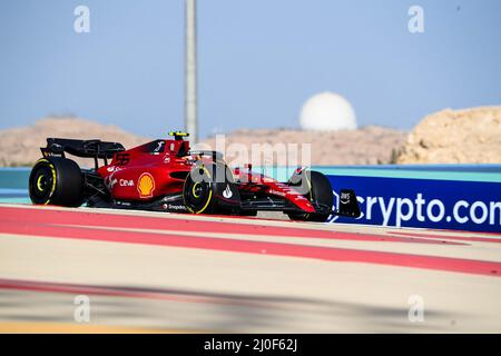 Sakhir, Bahrain. 19th Mar, 2022. (220319) -- SAKHIR, March 19, 2022 (Xinhua) -- Ferrari's Carlos Sainz of Spain drives during the first practice session ahead of the Bahrain Formula One Grand Prix at the Bahrain International Circuit in the city of Sakhir on March 18, 2022. (Bahrain International Media Relations Department/Handout via Xinhua) Credit: Xinhua/Alamy Live News Stock Photo