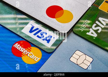 Calgary Alberta, Canada. July 25, 2020. A close up to popular credit cards logos. Stock Photo