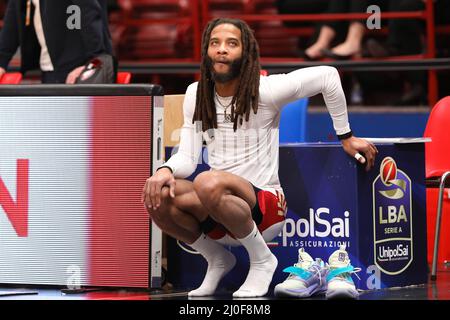 Milan, Italy, Italy. 13th Mar, 2022. Italy, Milan march 13 2022: Adrian Banks (Trieste guard) exercises during warm up about basketball game A|X Armani Milan vs Allianz Trieste, Lega Basket A 2021-2022 day22 (Credit Image: © Fabrizio Andrea Bertani/Pacific Press via ZUMA Press Wire)