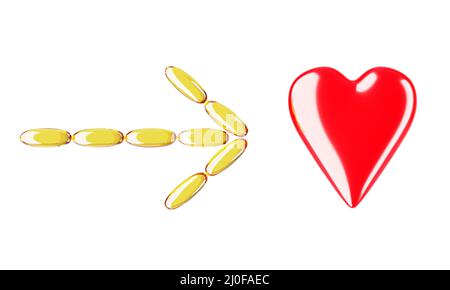 The arrow of the golden capsules indicates the heart. 3D rendering Stock Photo