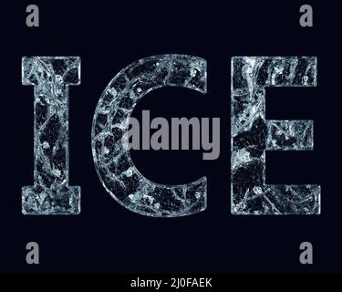 The word ice is made of ice with cracks on a dark background. 3D rendering Stock Photo