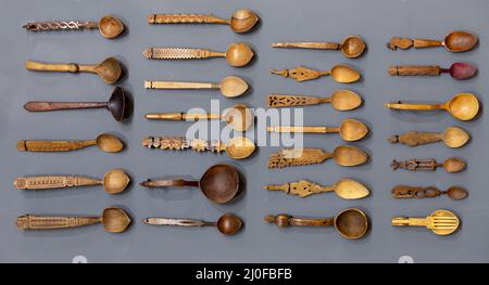 Carved wooden spoons from above Stock Photo