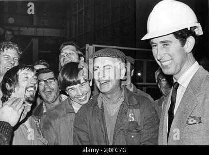 Prince Charles, The Prince of Wales during his visit to the North East 27 November 1979 - The Prince chats with workers during his visit to the Pallion Shipyard in Sunderland Stock Photo