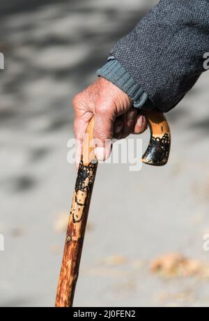 Senior man holding a wooden walking  stick Stock Photo