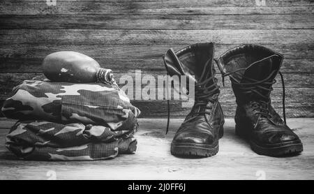 Old leather black mens boots Stock Photo