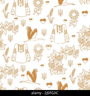 Ukrainian seamless pattern. outline linear Ukrainian symbols on white background - stork, viburnum bush and sunflower, spikelet and heart. Vector Stock Vector