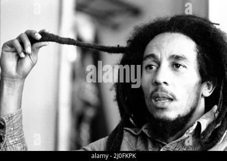 Jamaican singer Bob Marley seen here in interview with the Daily Mirror following the ban on his performing in London due to the amount of muggings and pickpocketings that occurred at his last concert. Marley who is a quiet and pleasant person devoted to World Peace is annoyed that he ban from London due to a few violent and irresponsible people. 22. June 1978 Stock Photo