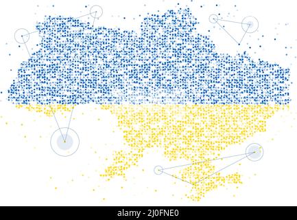 Abstract Geometric Circle dot pattern particle Ukraine map with national flag color, VR technology Peace Pray and Stop war concept design illustration Stock Vector