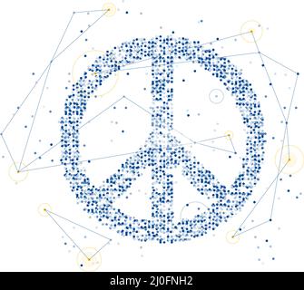Abstract Geometric Circle dot pattern particle Peace icon shape, VR technology Peaceful Pray and Stop war design blue color illustration on white back Stock Vector