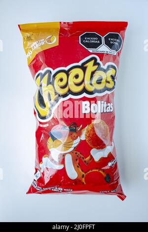 Calgary, Alberta. Canada. Nov 11 2020. A Bag of Cheetos with high sodium and calories warning. Stock Photo