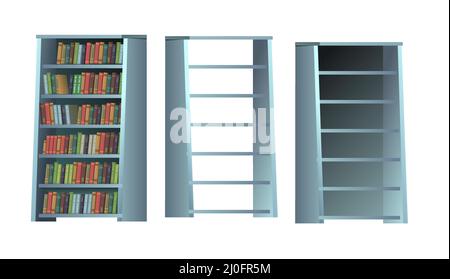 Set of bookshelves for library and study. Different books. Modern minimalistic furniture design. Cartoon style. Object isolated on white background. V Stock Vector