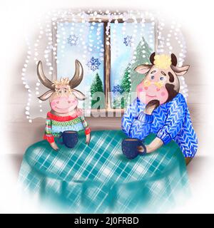 The bull and the cow drinking tea. Symbol of the year 2021. Cute animal characters are sitting at the table.Hand-drawn watercolo Stock Photo