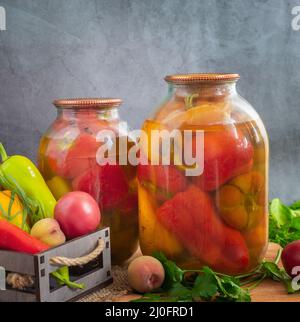 Home canning: canned bell peppers in glass jars Stock Photo
