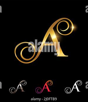 A Vector Illustration set of Golden Monogram Logo Cursive Letter A Stock Vector