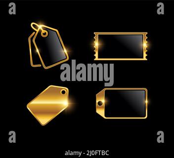 A Luxury Vector Illustration set of Golden Price Tag and discount label in black background with gold shine effect Stock Vector