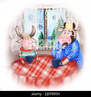 The bull and the cow drinking tea. Symbol of the year 2021. animal characters Stock Photo