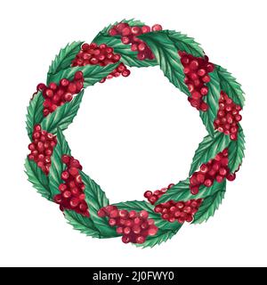 Watercolor Christmas wreath with Rowan leaves,Holly berries. Stock Photo