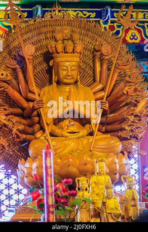 Beautiful images of Guanyim, or Guan Yin, Chinese god in Chinese temple. Thousand hands of  Guan Yin, Chinese god image make of Stock Photo