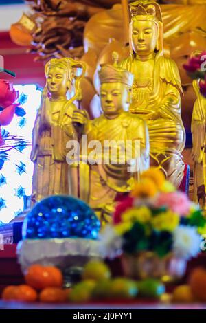 Beautiful images of Guanyim, or Guan Yin, Chinese god in Chinese temple. Thousand hands of  Guan Yin, Chinese god image make of Stock Photo