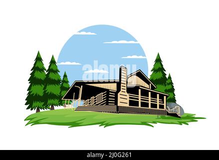 A vector illustration of Log Cabin Cottage Logo Sign Stock Vector