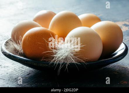 Fresh chicken eggs and feathers in a plate on the table in a rustic morning Stock Photo
