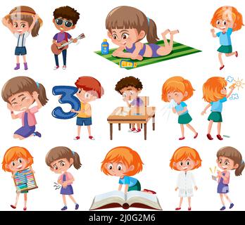 Set of children doing different activities on white background illustration Stock Vector