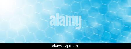Blue photographic background with a side effect and sun rays in a panoramic frame with geometric figures. Modern honeycomb geome Stock Photo