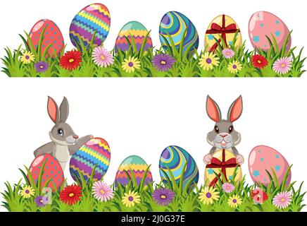 Decorated eggs and bunny on green grass illustration Stock Vector