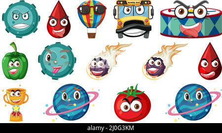 Set of different toy objects with smiley faces illustration Stock Vector