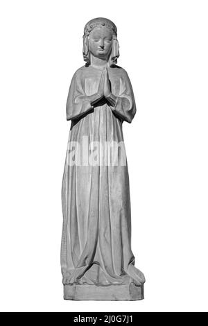 Face of statue of grieving woman isolated on white background. Plaster antique sculpture of young woman. Gypsum copy Stock Photo