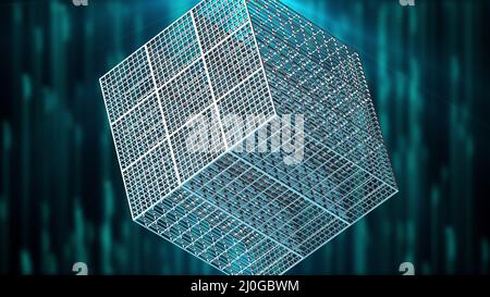 Large lattice cubes rotate in spece, 3d rendering abstract complicated shape. Computer generated technologal backdrop Stock Photo