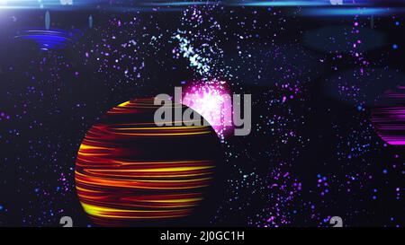 Computer generated colorful cosmic landscape. Futuristic space with neon planets on a starry background. 3d rendering